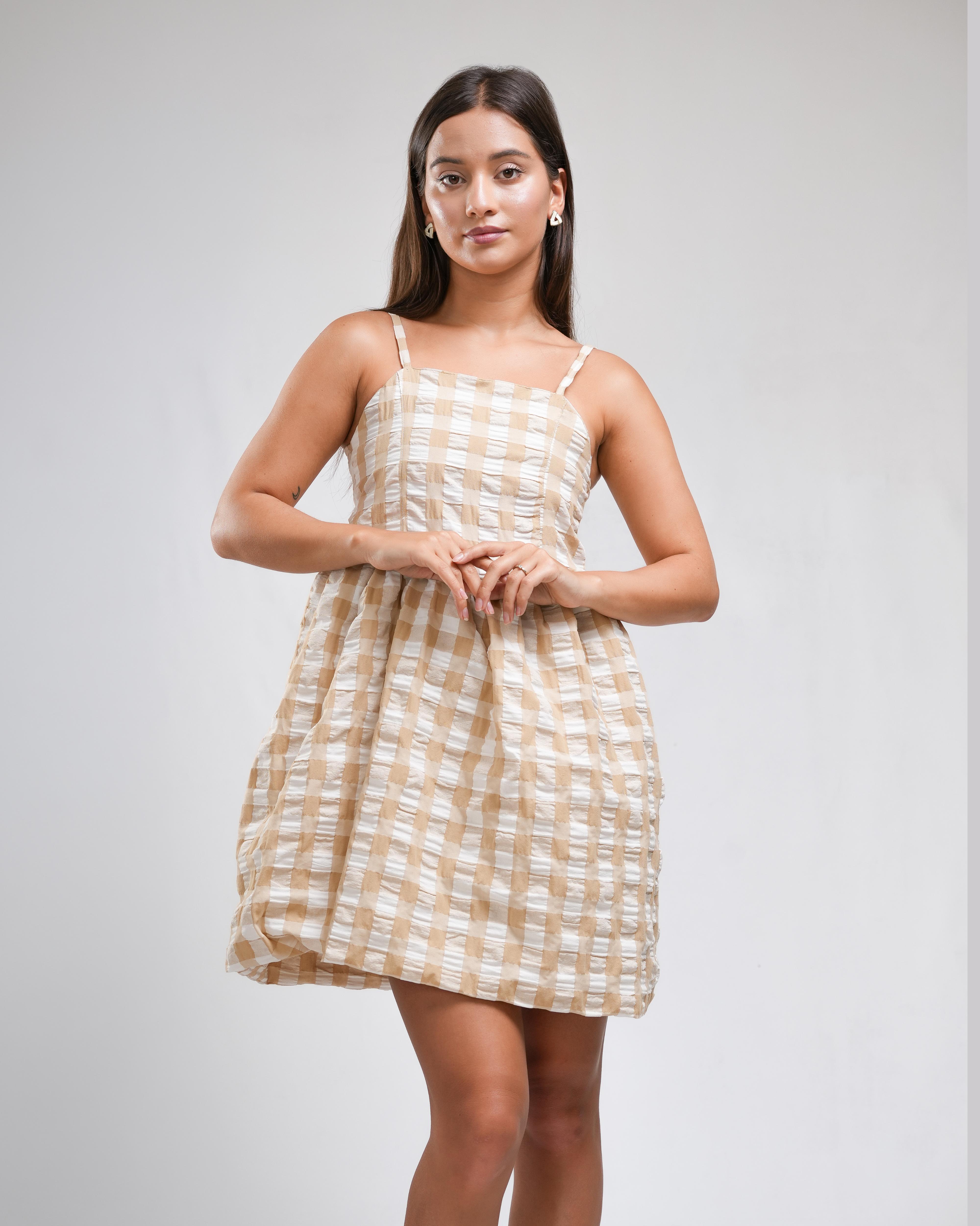 Beige Check Smocked Mini Dress – Noirelle Premium