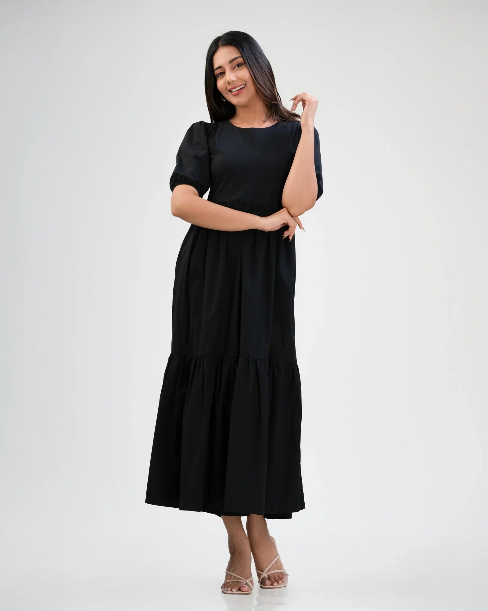 Midnight Grace maxi dress, a fluid full-length silhouette that belts and layers easily