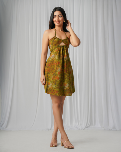 Noirelle mini dress, nature-inspired print, worn by a model
