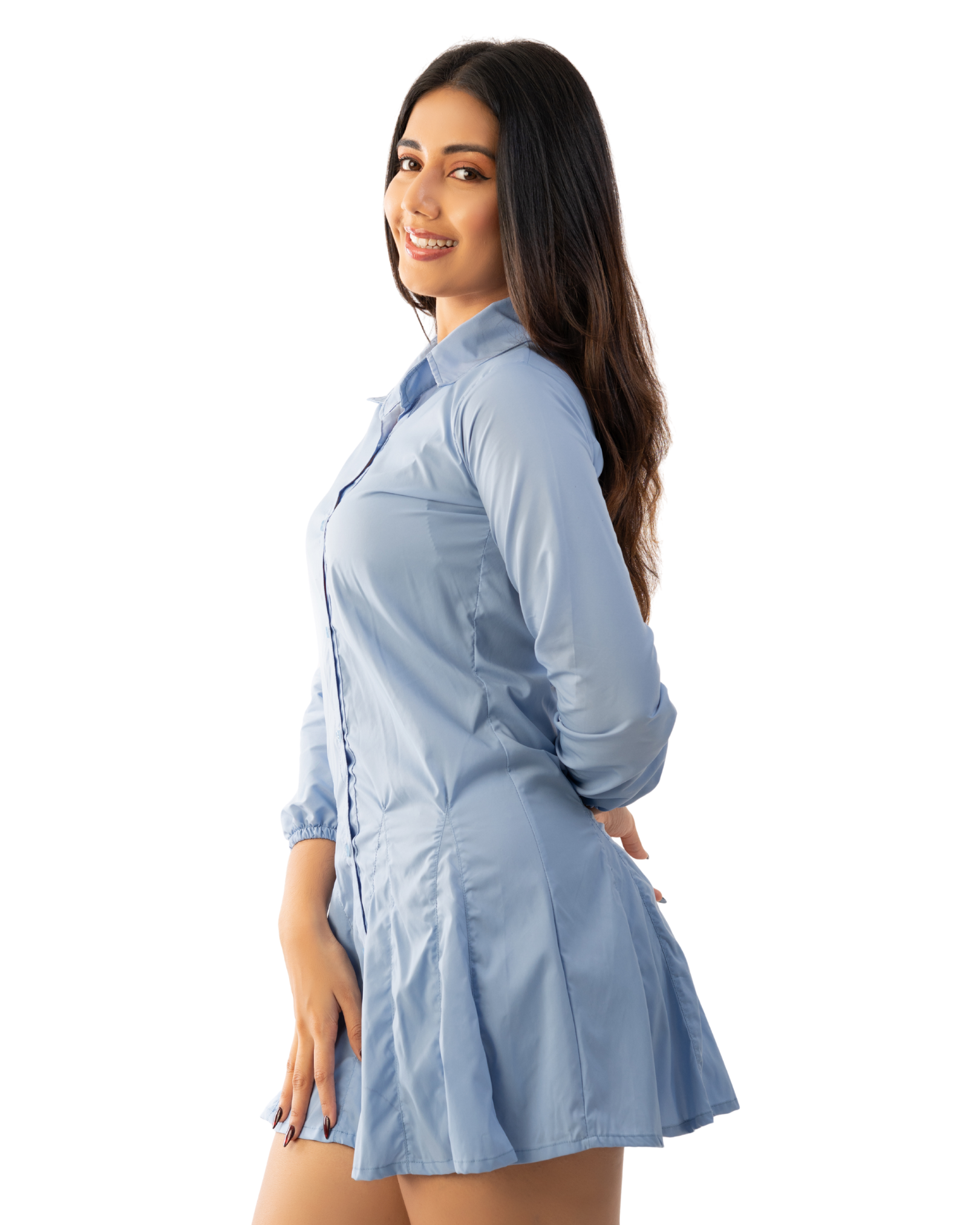 Light Blue Pleated Skirt Shirt Dress