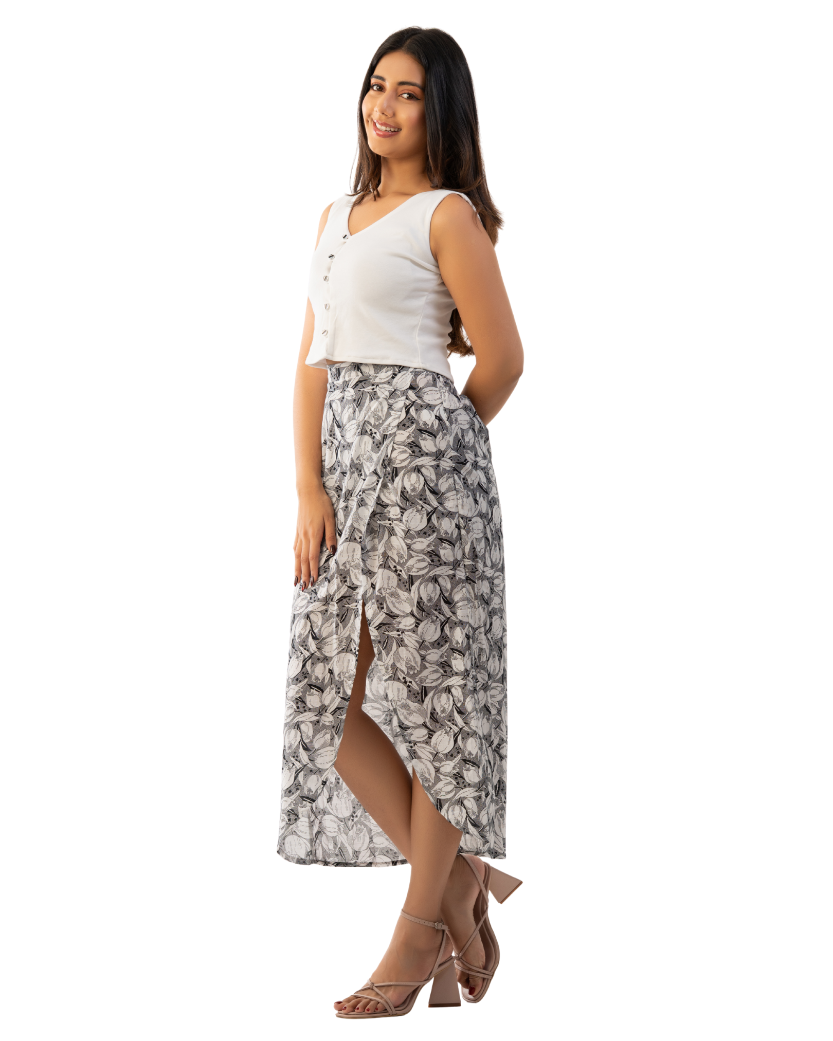 Grey Botanical Slit Midi Skirt