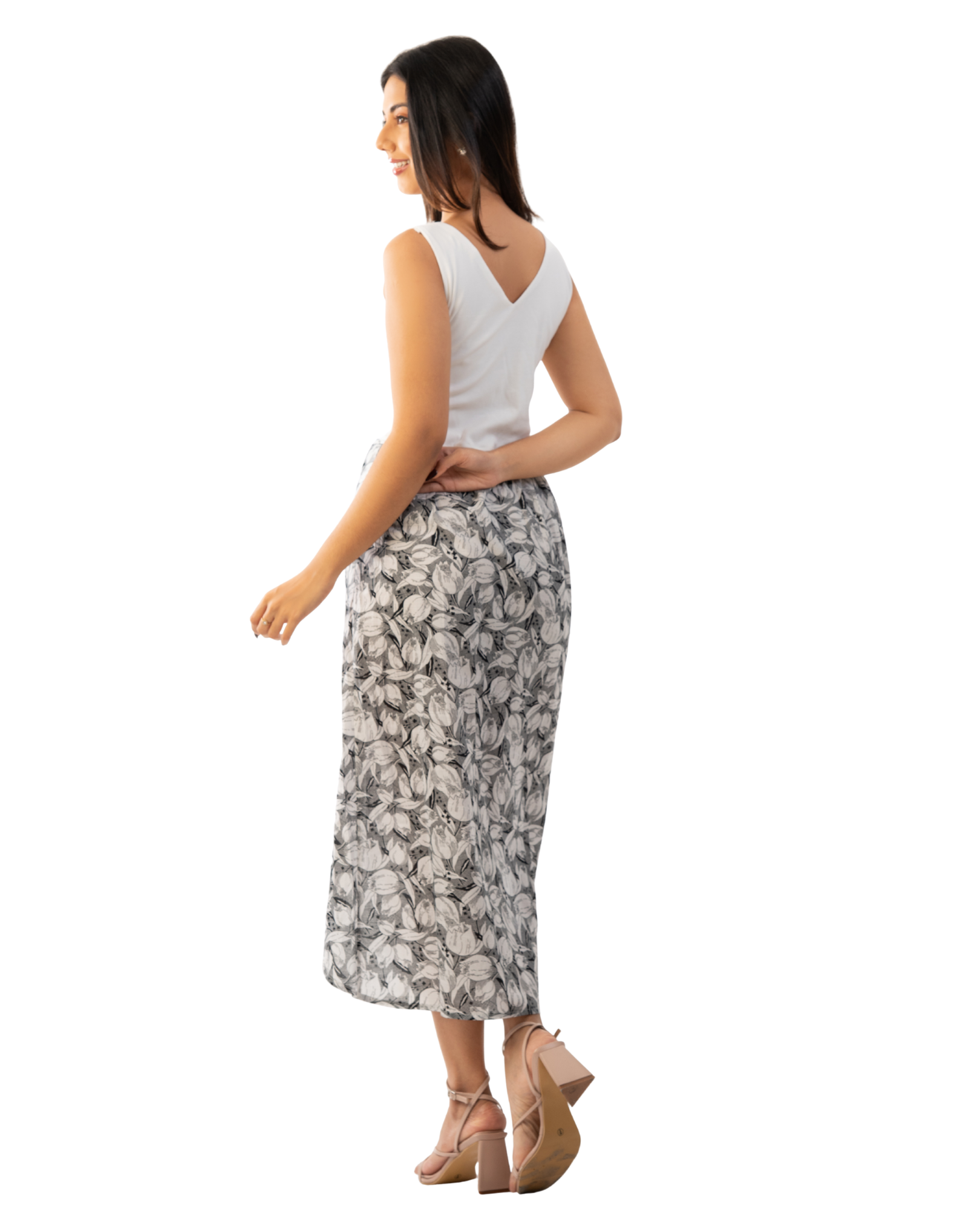 Grey Botanical Slit Midi Skirt