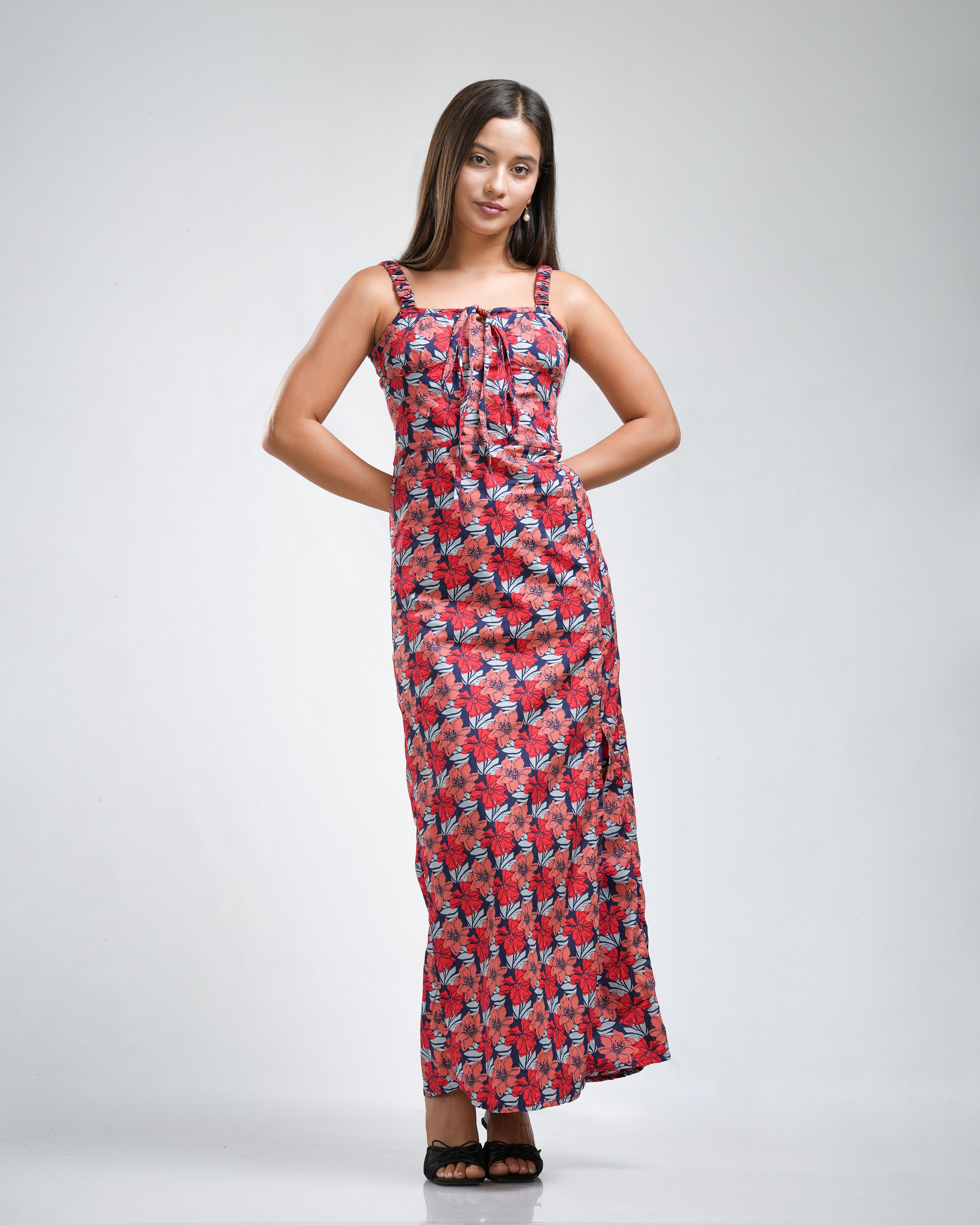 Red Floral Print Tie-Front Maxi Dress