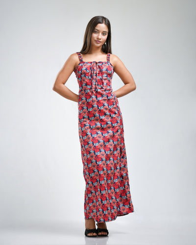 Noirelle red maxi dress, floral print, worn by a model