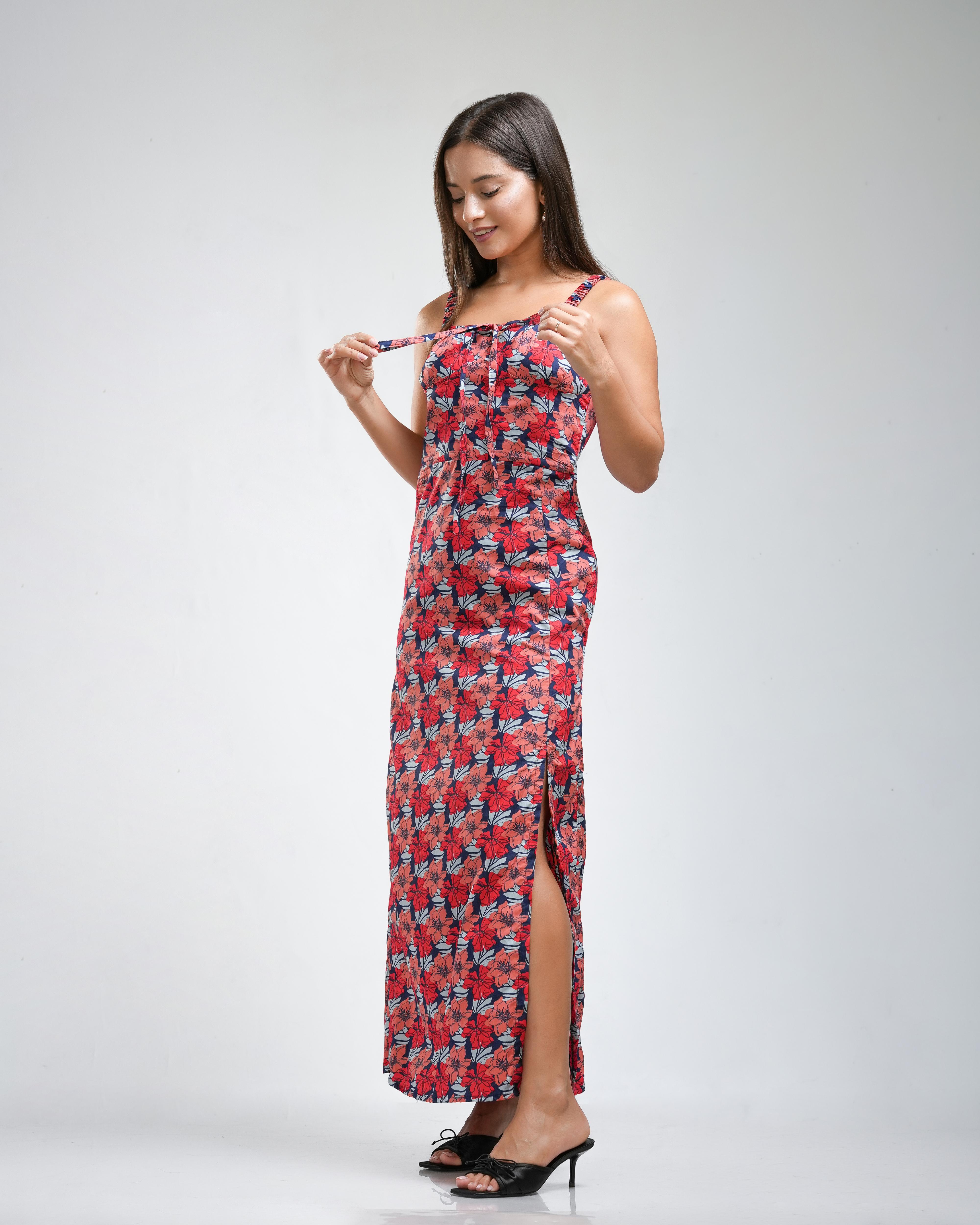 Red Floral Print Tie-Front Maxi Dress
