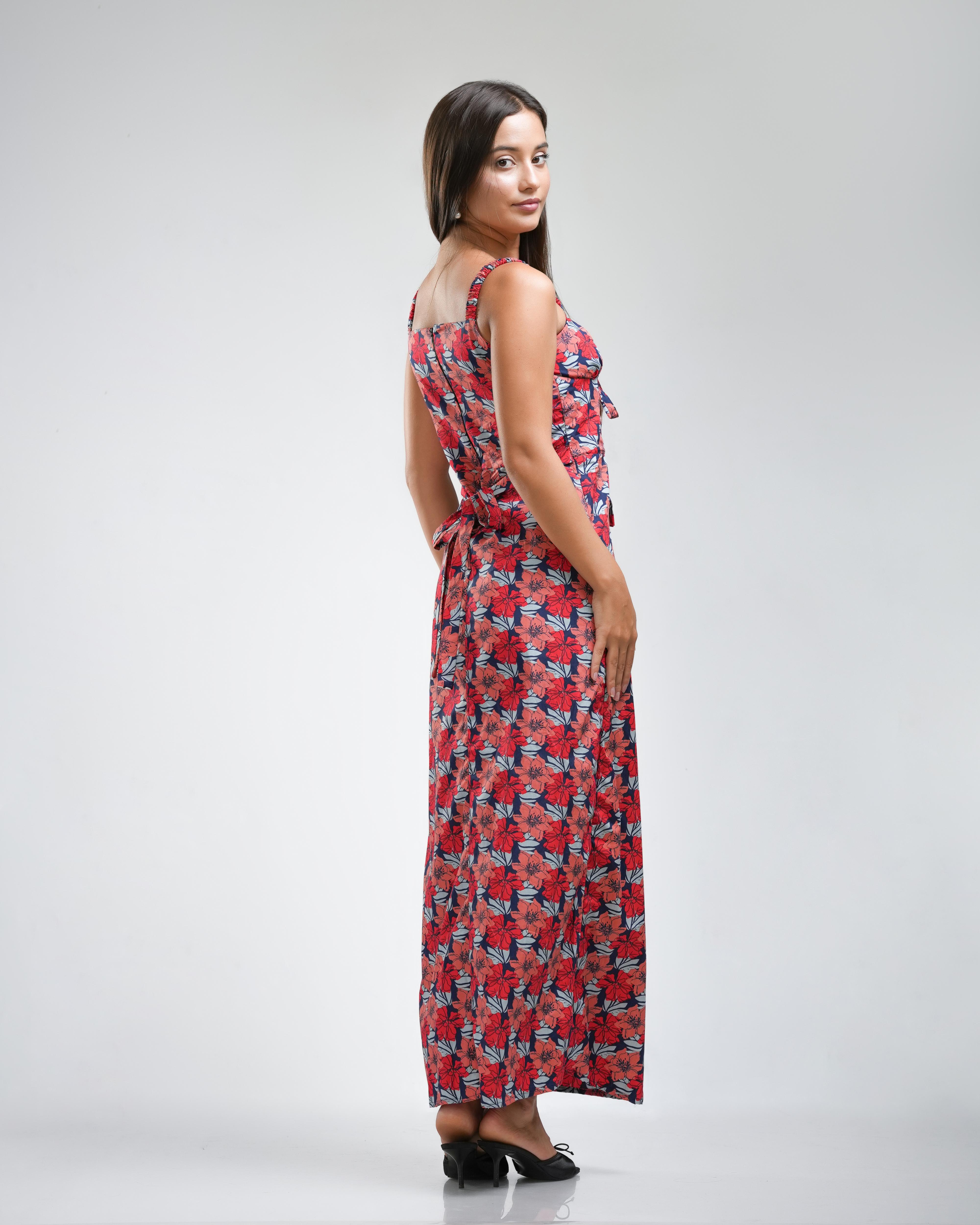 Red Floral Print Tie-Front Maxi Dress