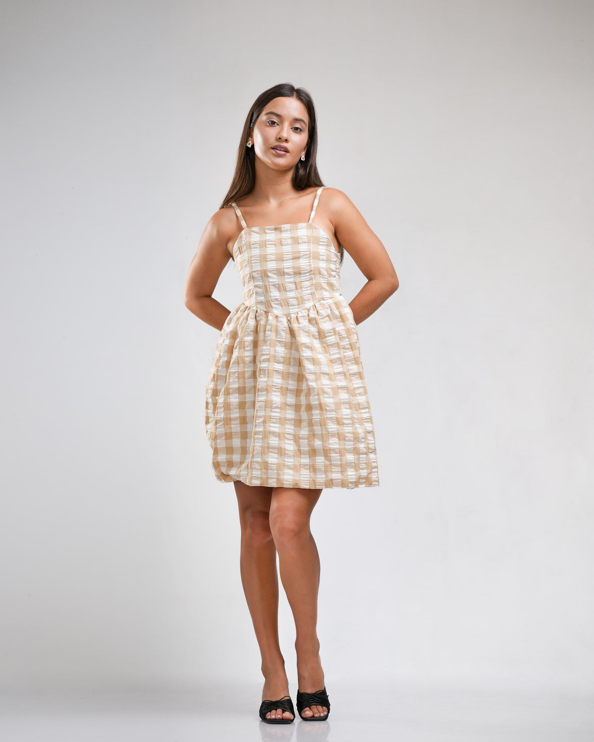Beige Check Smocked Mini Dress – Noirelle Premium