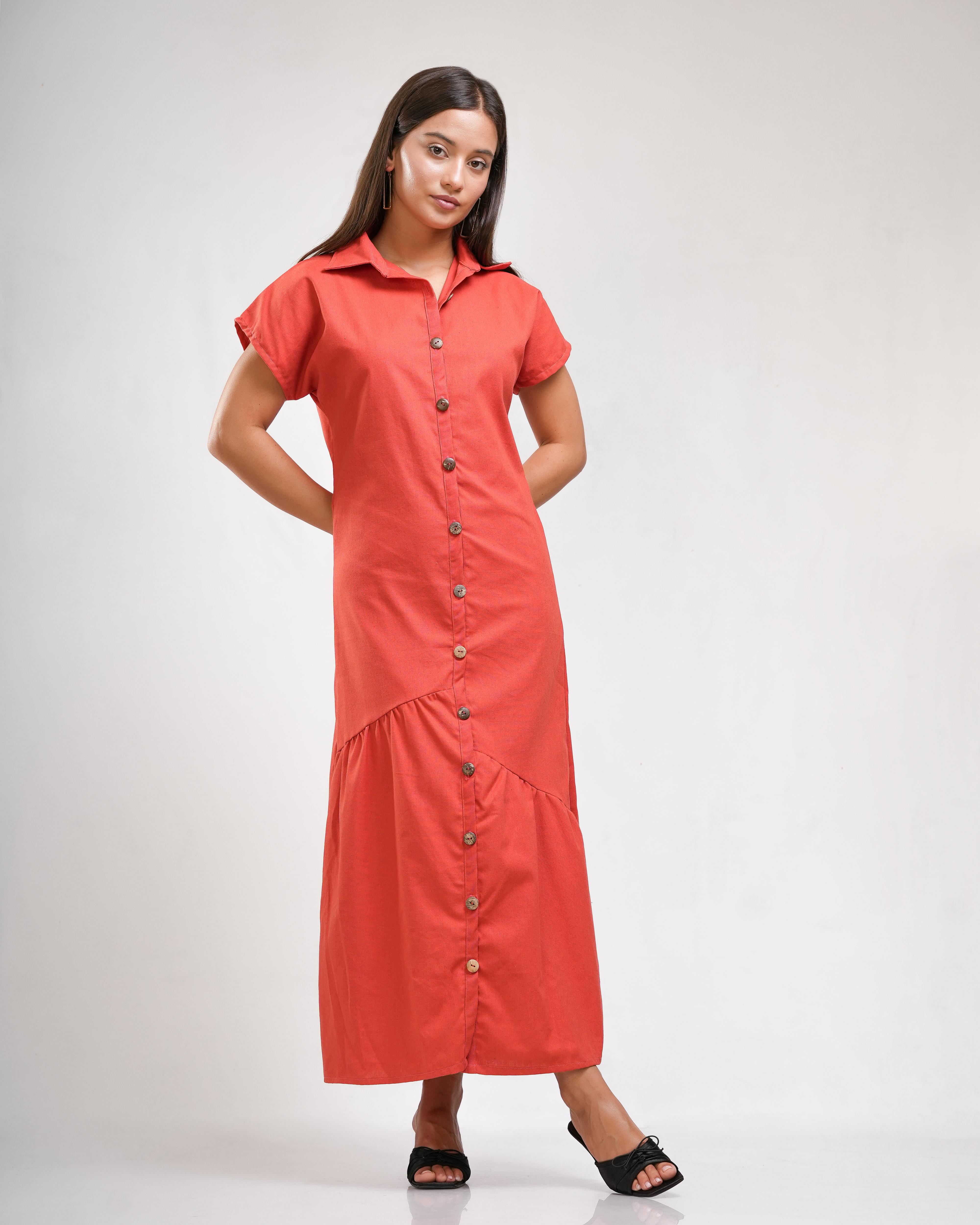 Orange Button Midi Dress