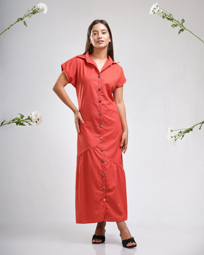 Noirelle vibrant orange midi dress, button-down front, worn by a model