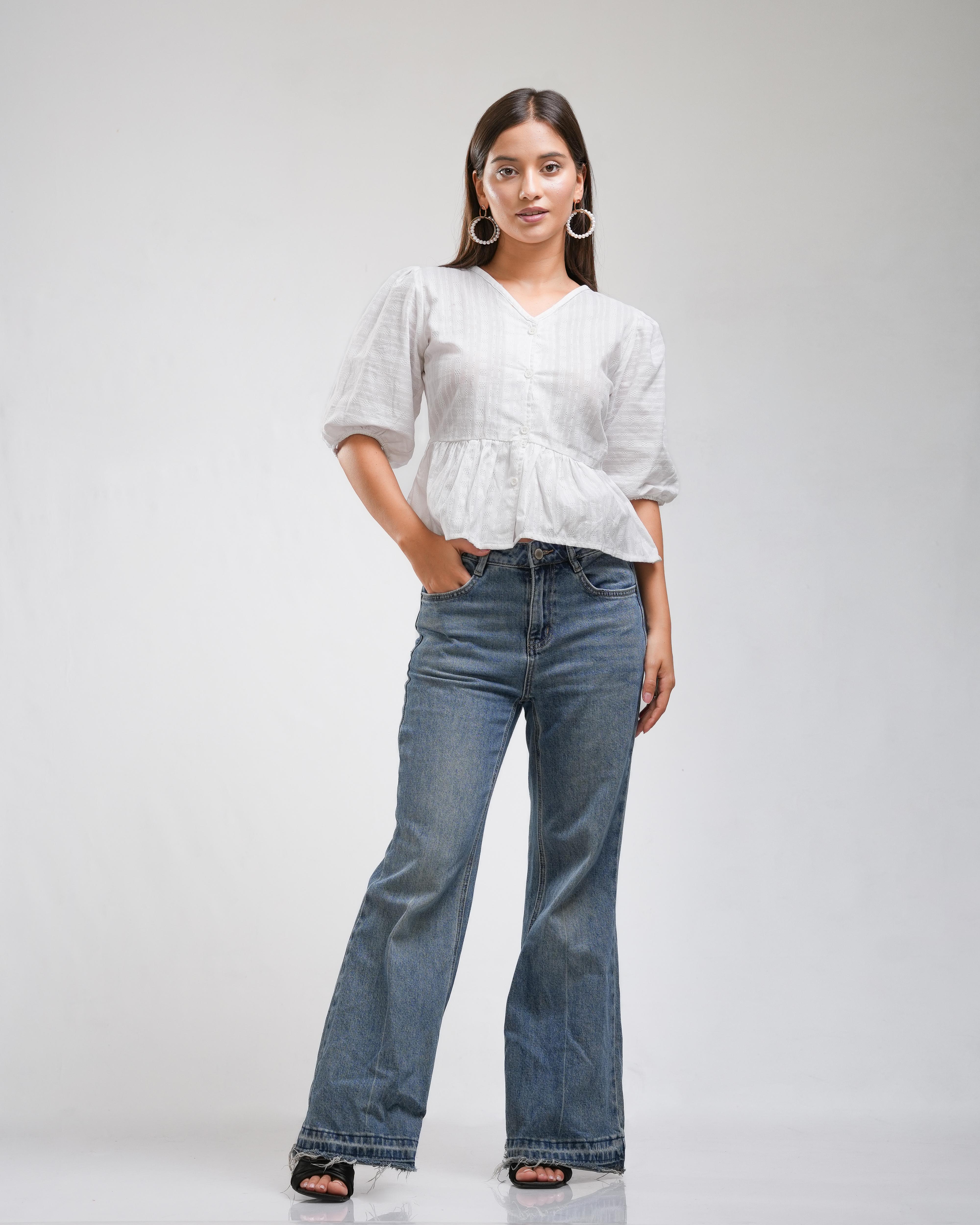 Women's White Puff Sleeve Peplum Top