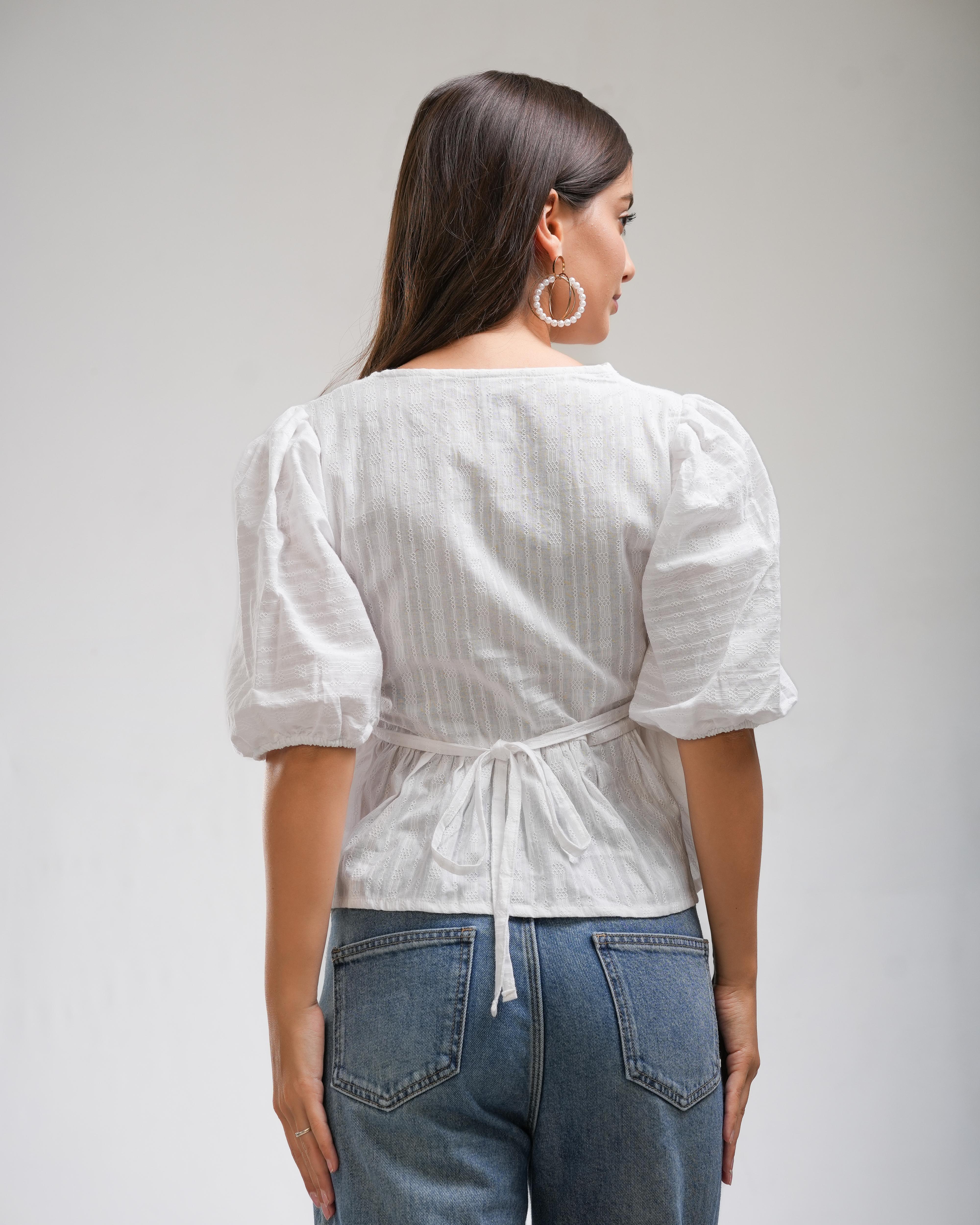 Women's White Puff Sleeve Peplum Top