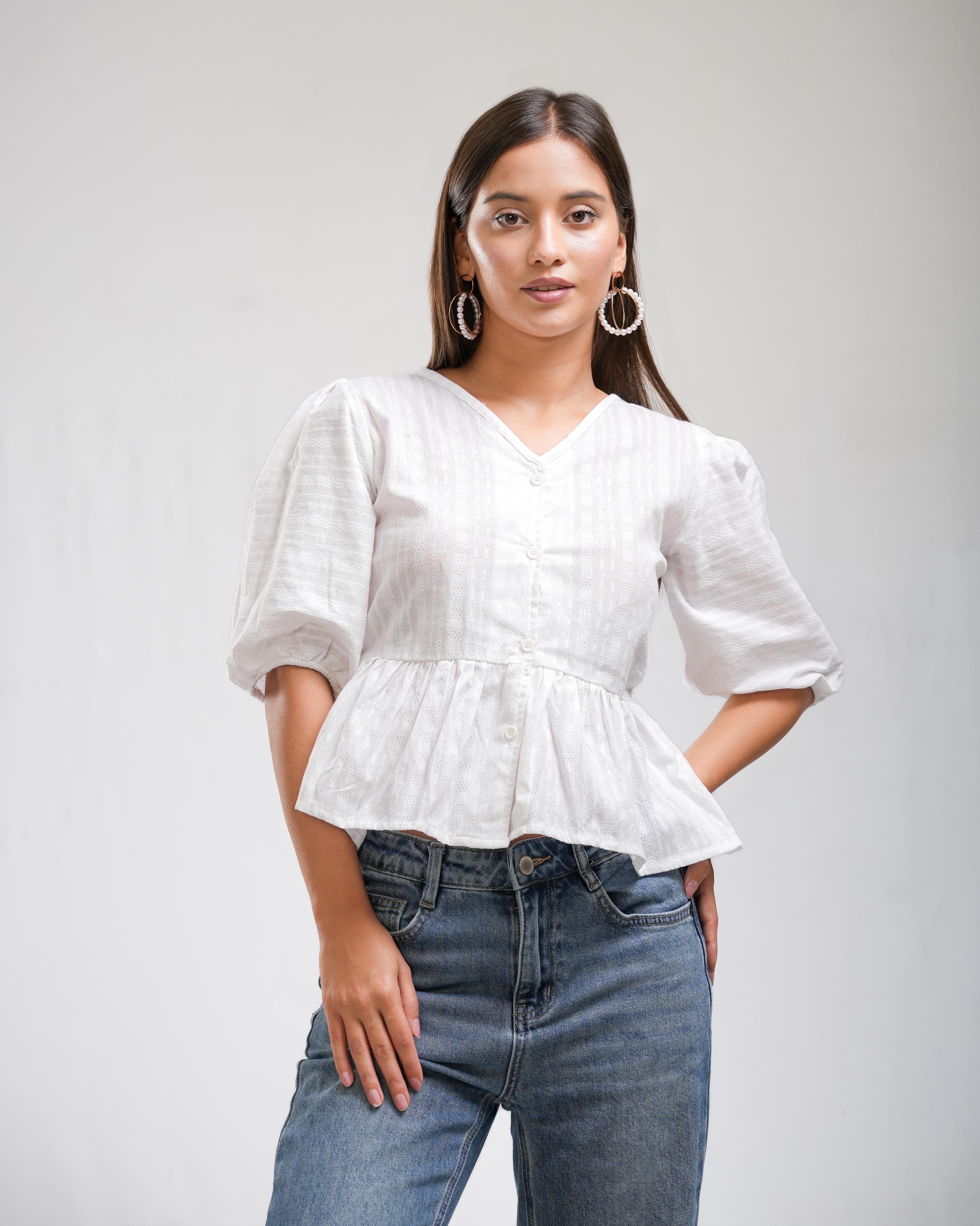 Women's White Puff Sleeve Peplum Top