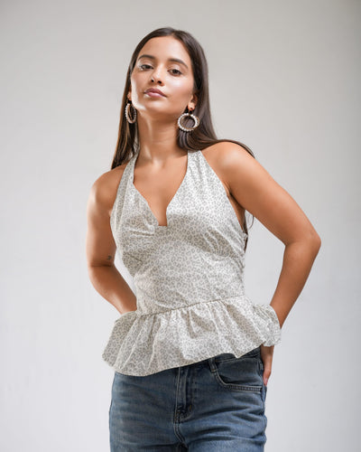 Noirelle top, floral print, worn by a model