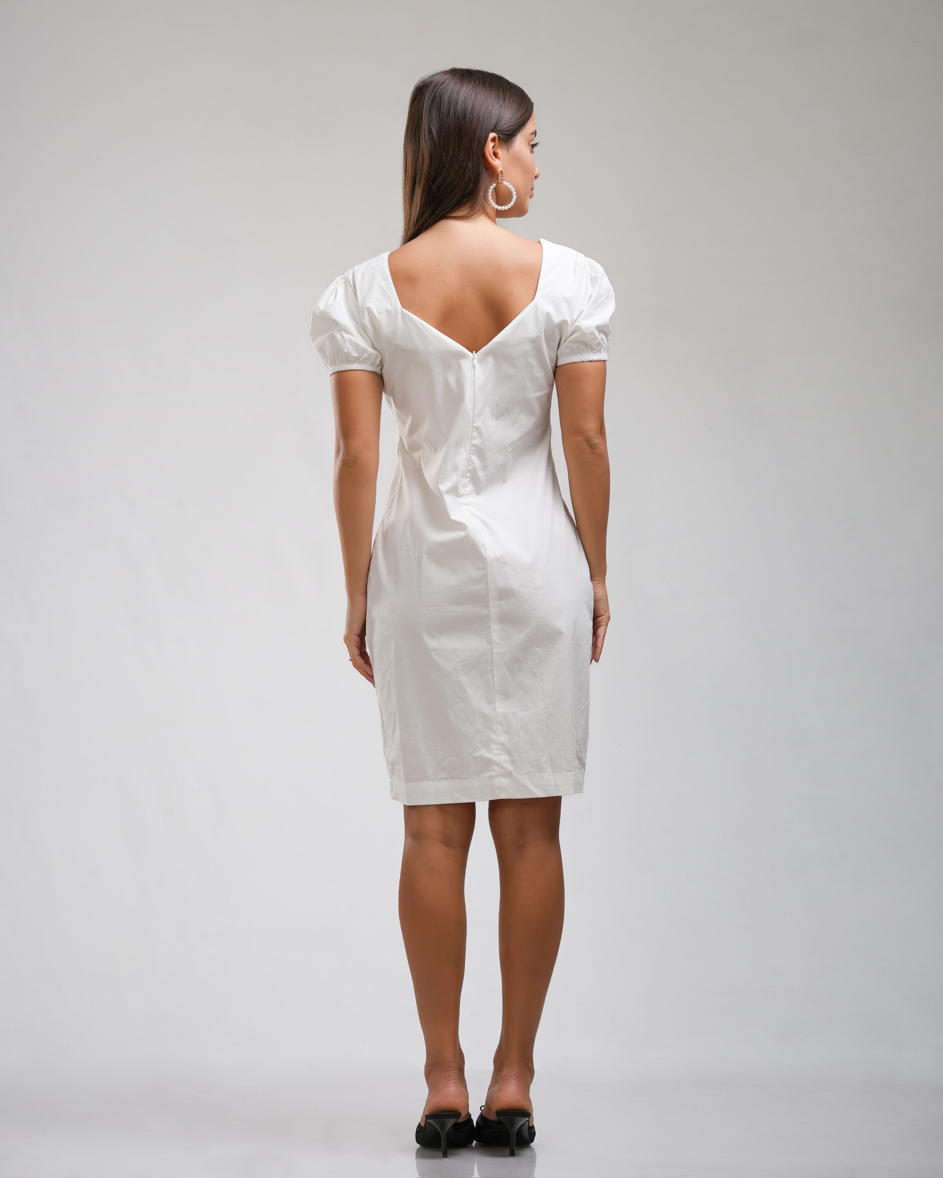 White Puff Sleeve Square Neck Midi Dress