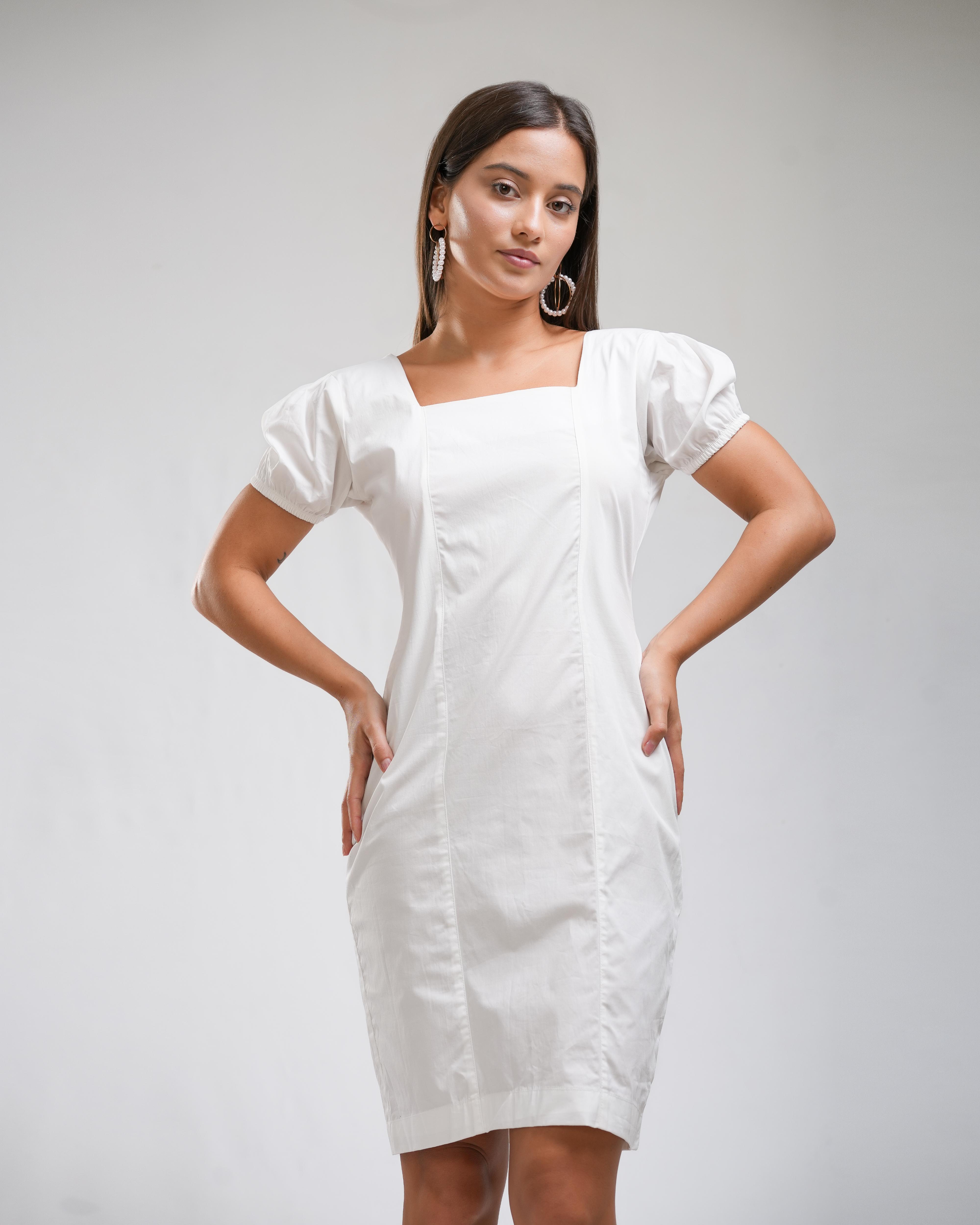 White Puff Sleeve Square Neck Midi Dress