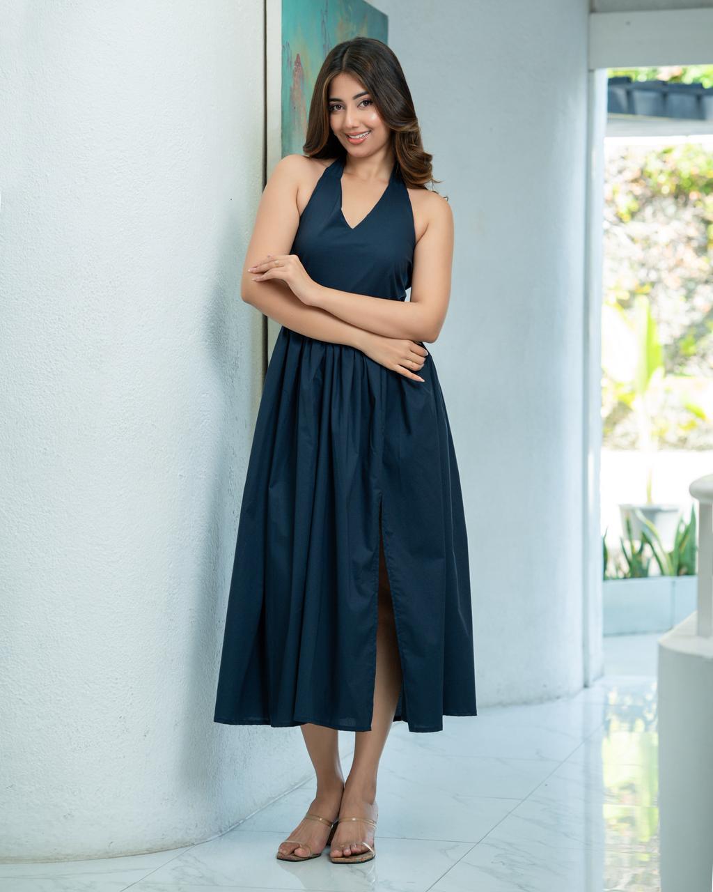 Navy Blue Halter Neck Backless Dress