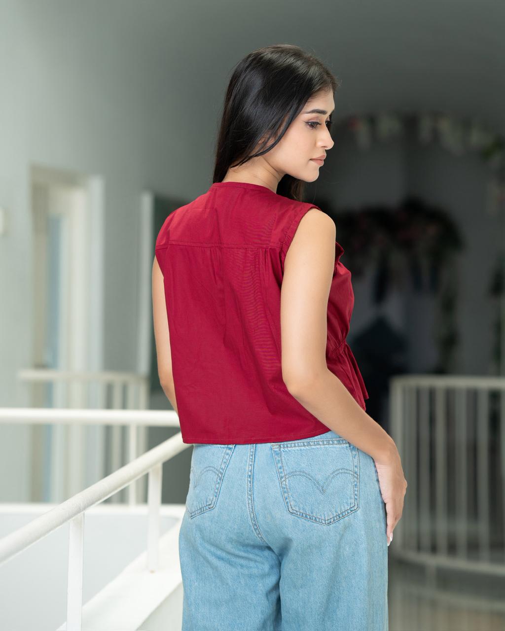 Maroon Sleeveless Tie-Front Peplum Top