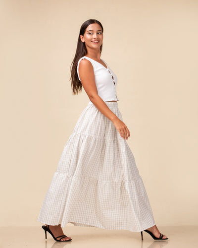 Noirelle skirt, check pattern, worn by a model