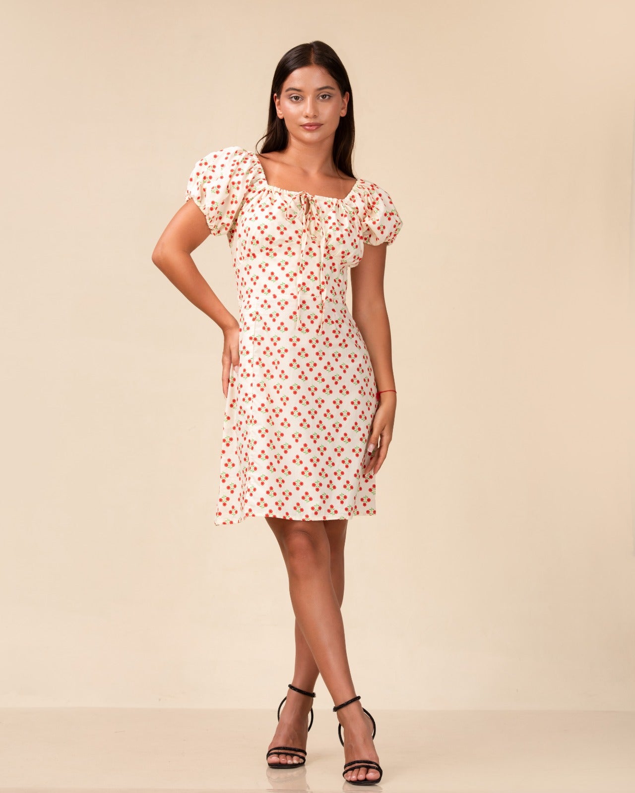 Cherry Bloom Puff Sleeve Mini Dress