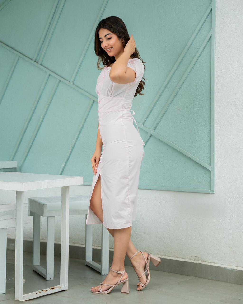 Rosé Ruched Button-Down Midi Dress