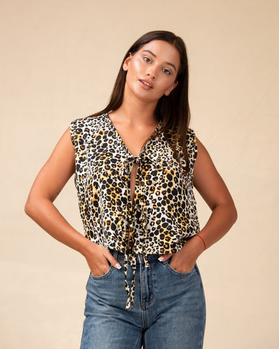 Noirelle top, dot print, worn by a model
