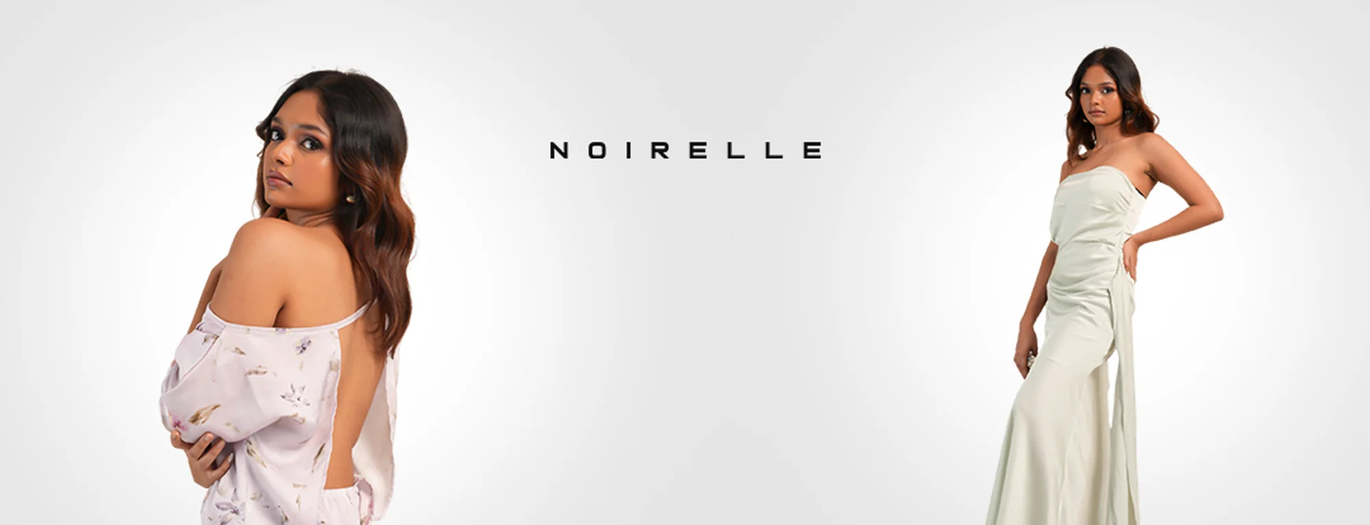 Two models either side of the Noirelle wordmark