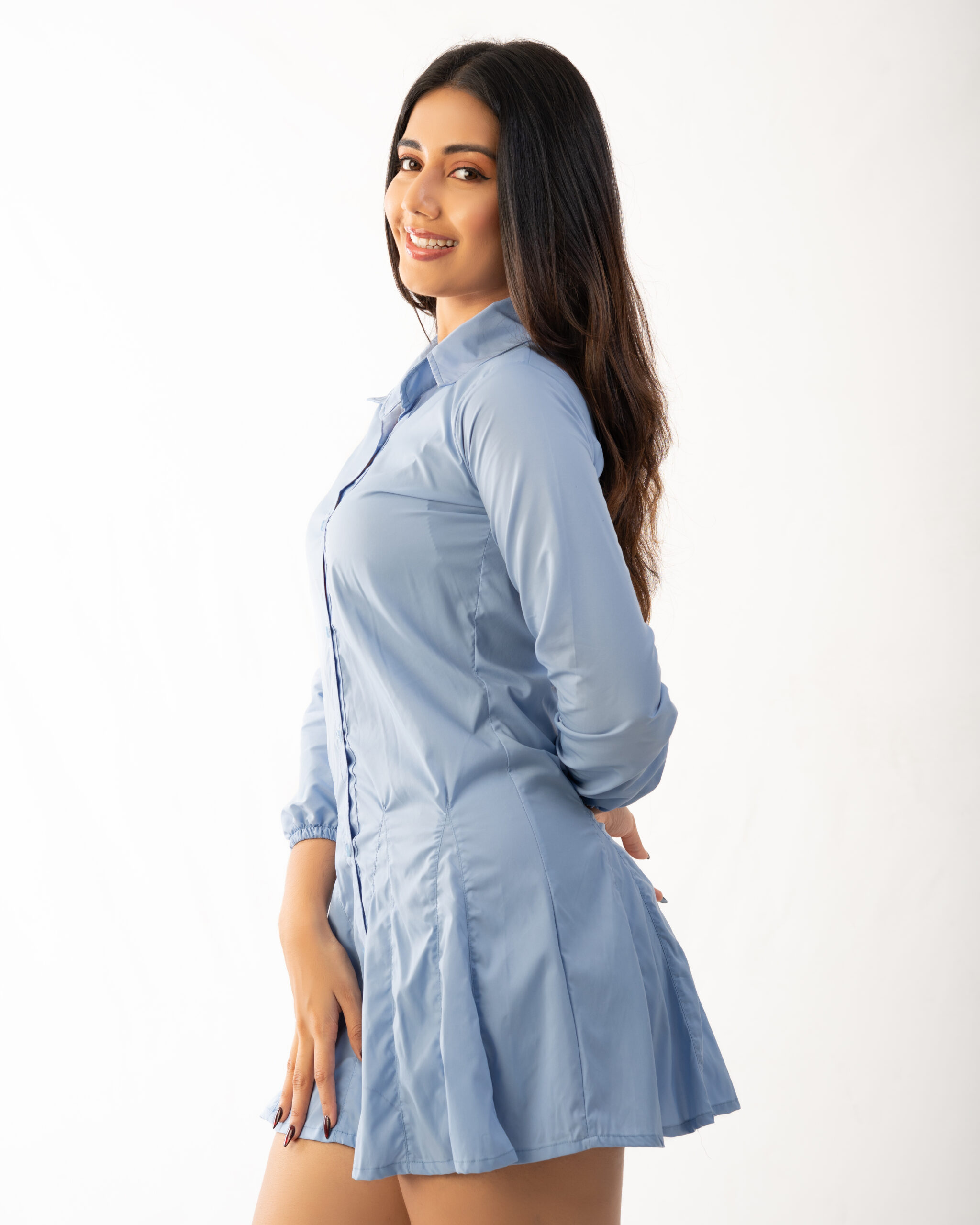 Light blue Pleated Skirt Shirt Dress