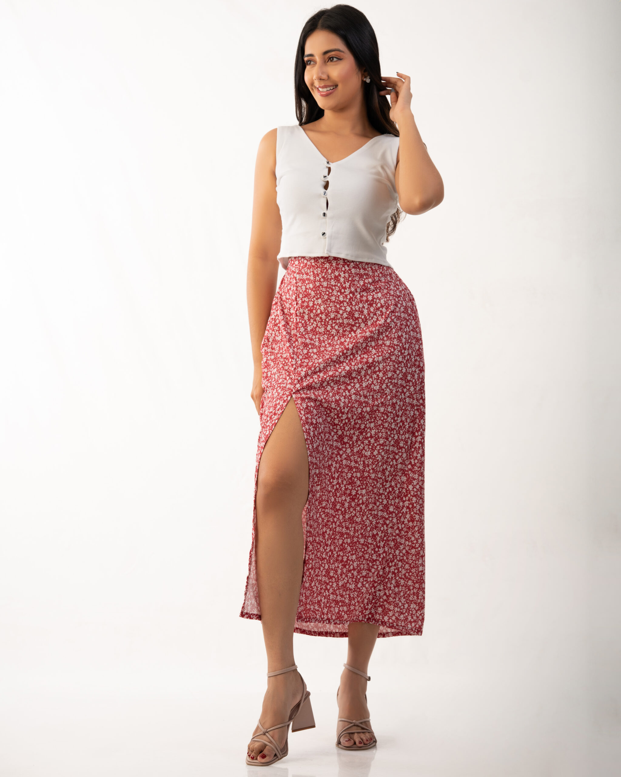 Red Floral Breeze Slit Skirt & Top